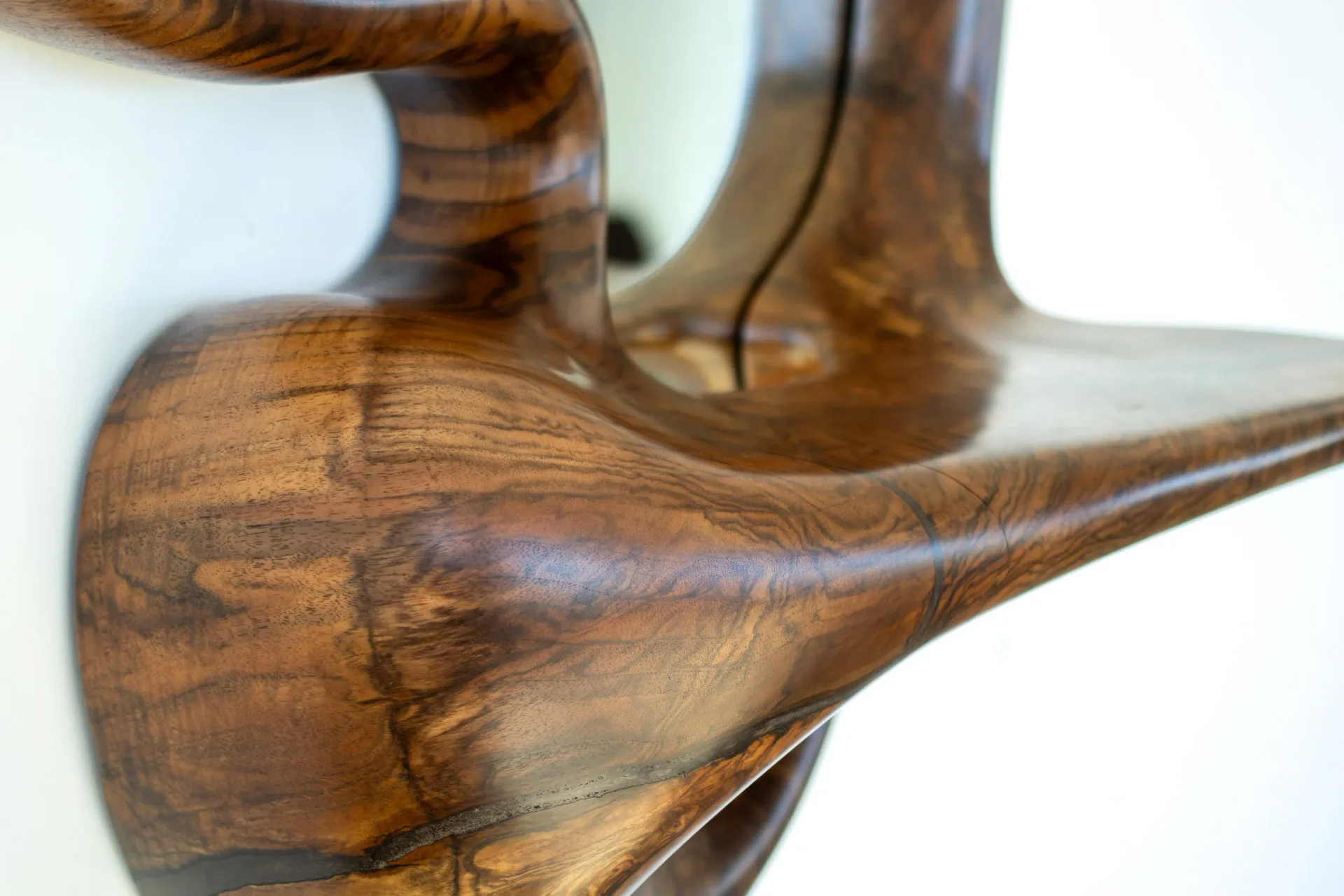 Wooden sculptural furniture detail with warm walnut tones and organic curved forms by Aaron Poritz.