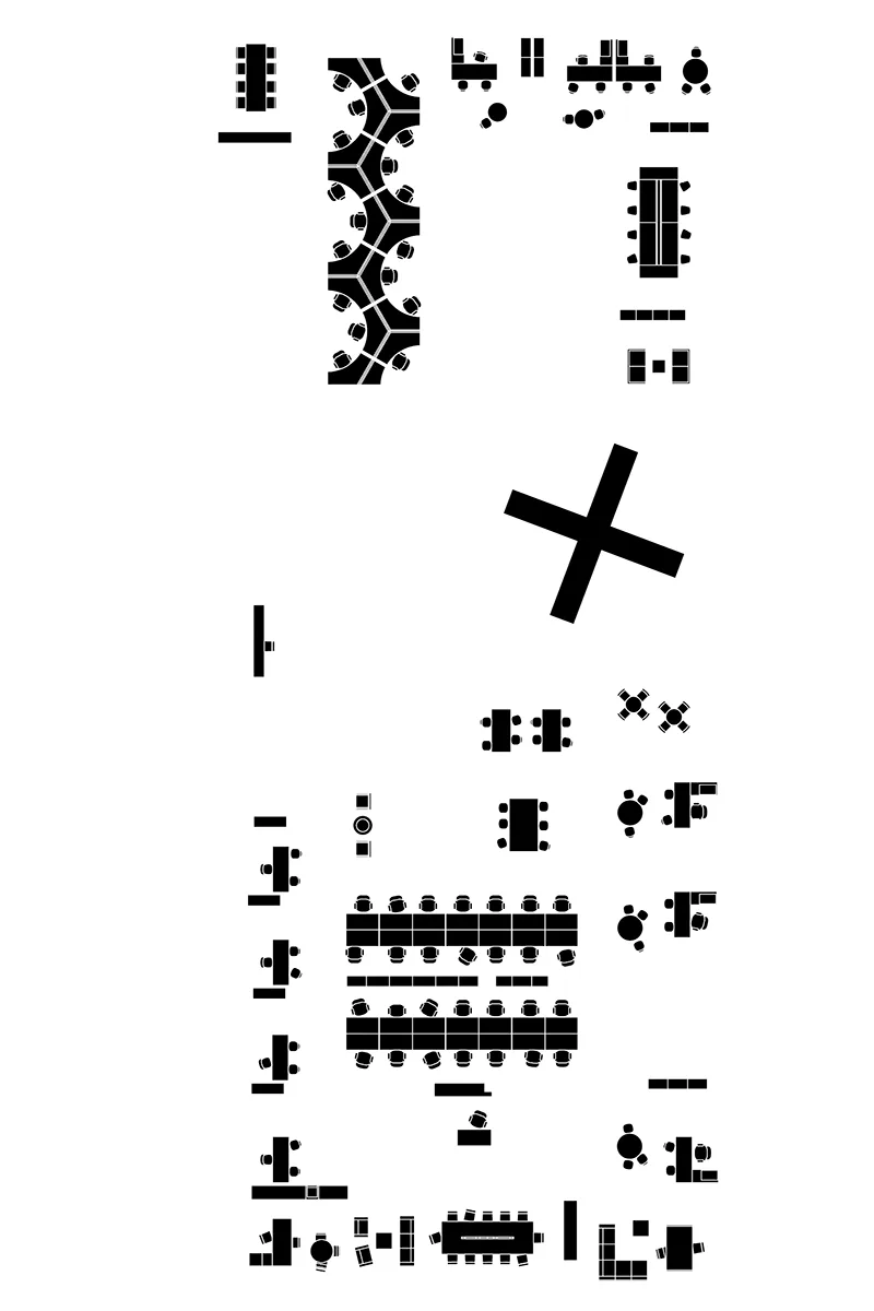 Architectural section and elevation drawings with abstract geometric patterns and structural details in black and white linework by Adam Frampton.
