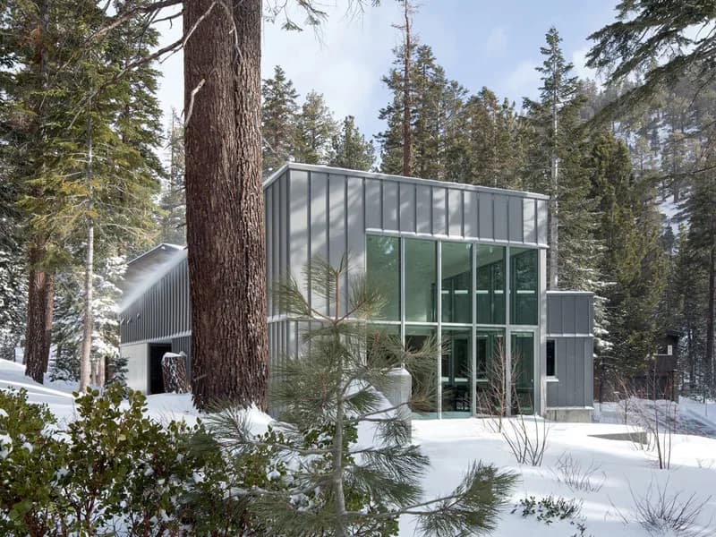 Modern glass and metal cabin nestled among tall pine trees in snowy landscape by Adam Yarinsky.