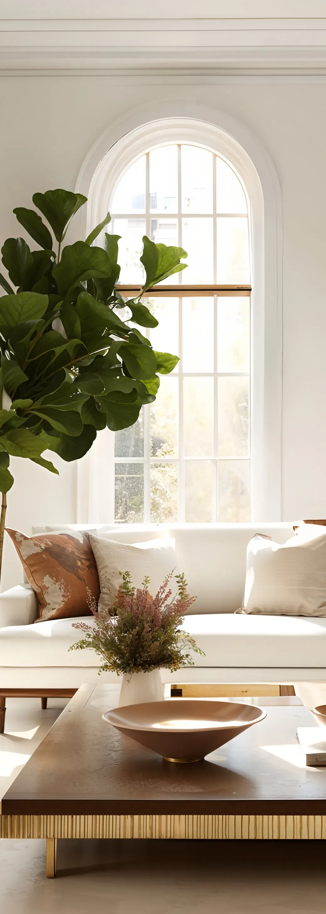 Bright minimalist living room with arched window, white seating, wooden coffee table with bowl, potted plants, and warm natural light by Agnieszka Wilk.