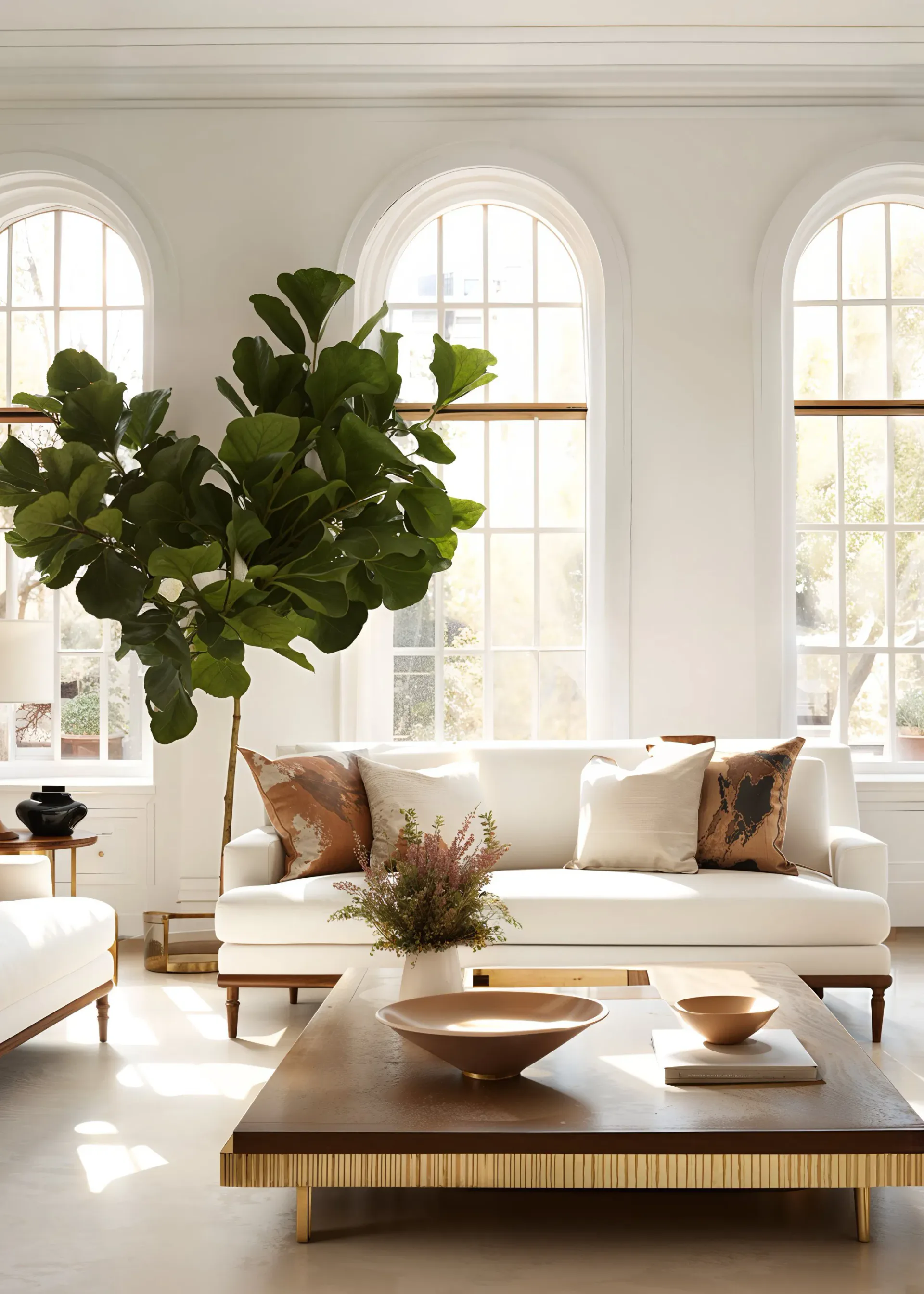 Minimalist living room with cream sofa, wooden coffee table, large arched windows, potted fiddle leaf fig, and warm neutral palette by Agnieszka Wilk.