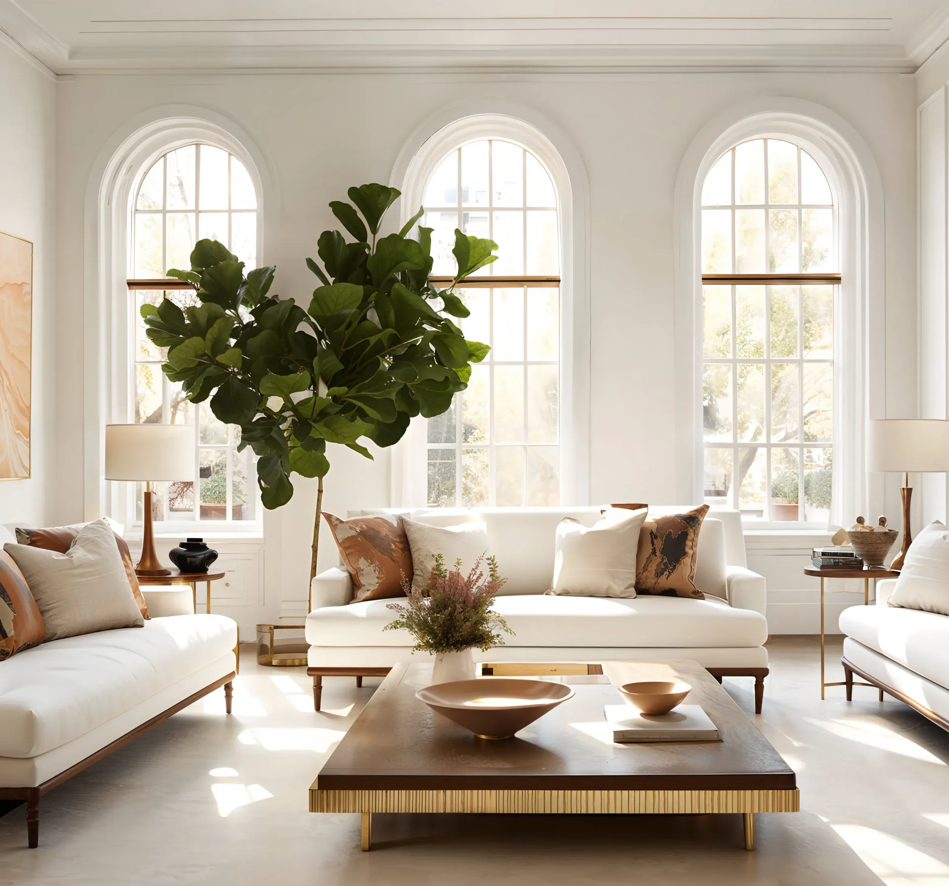 Bright, minimalist living room with arched windows, cream upholstered sofas, wooden furniture, fiddle leaf fig tree, and neutral palette by Agnieszka Wilk.