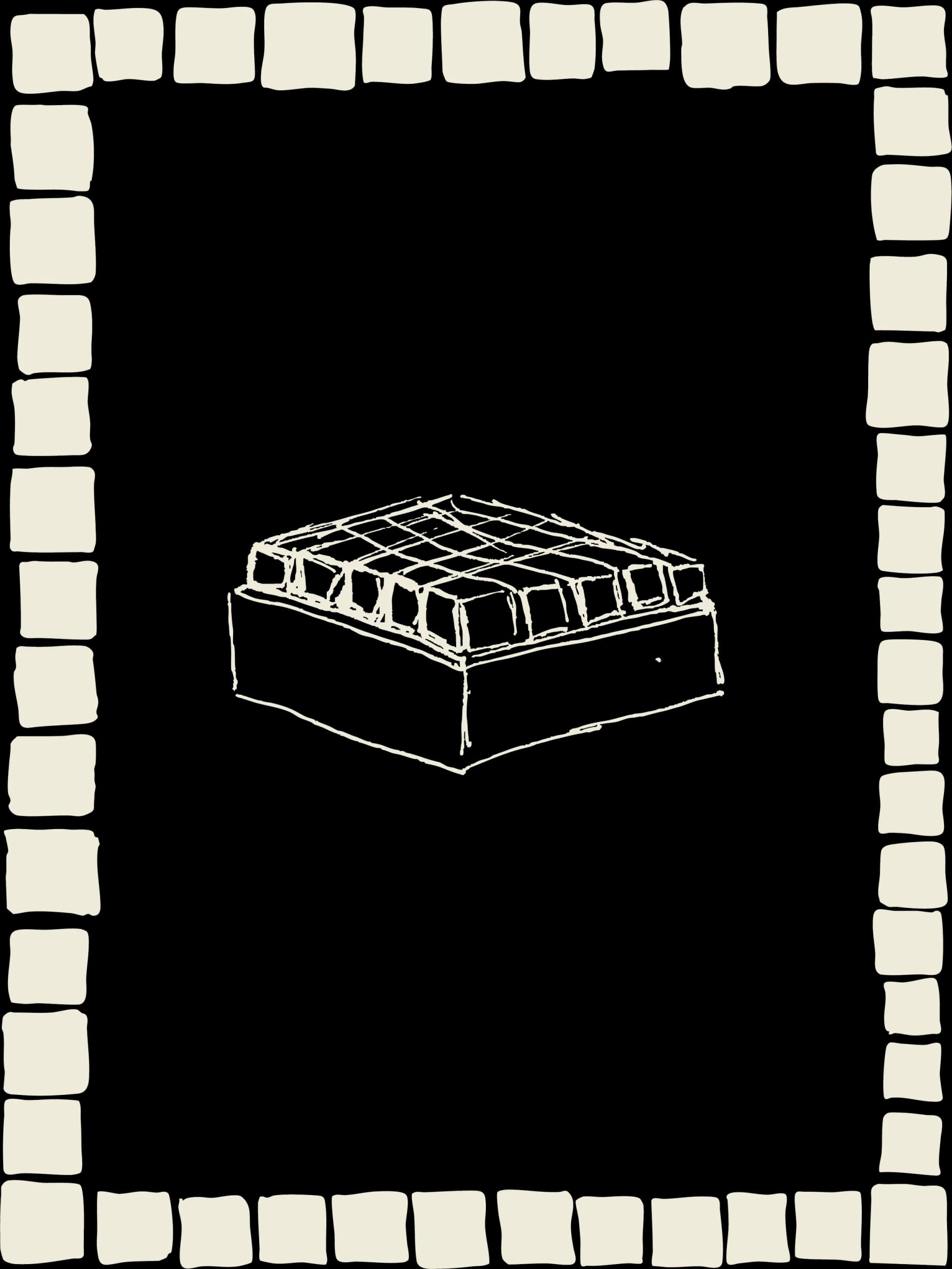Line drawing of a rectangular product box with hinged lid and ventilation grid, rendered in light tan sketch style by Ah Um Design Studio.