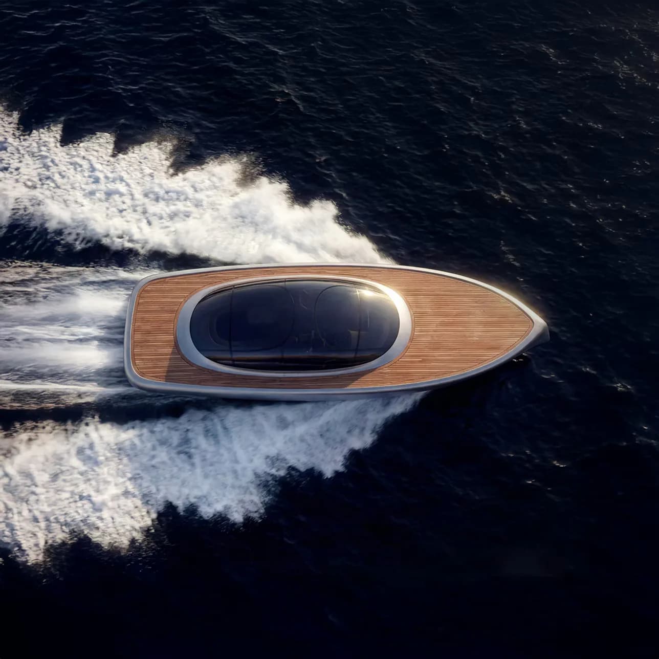 Sleek wooden speedboat with curved hull design and dark tinted windows cutting through dark ocean waters, creating white spray wake by Alberto Essesi.