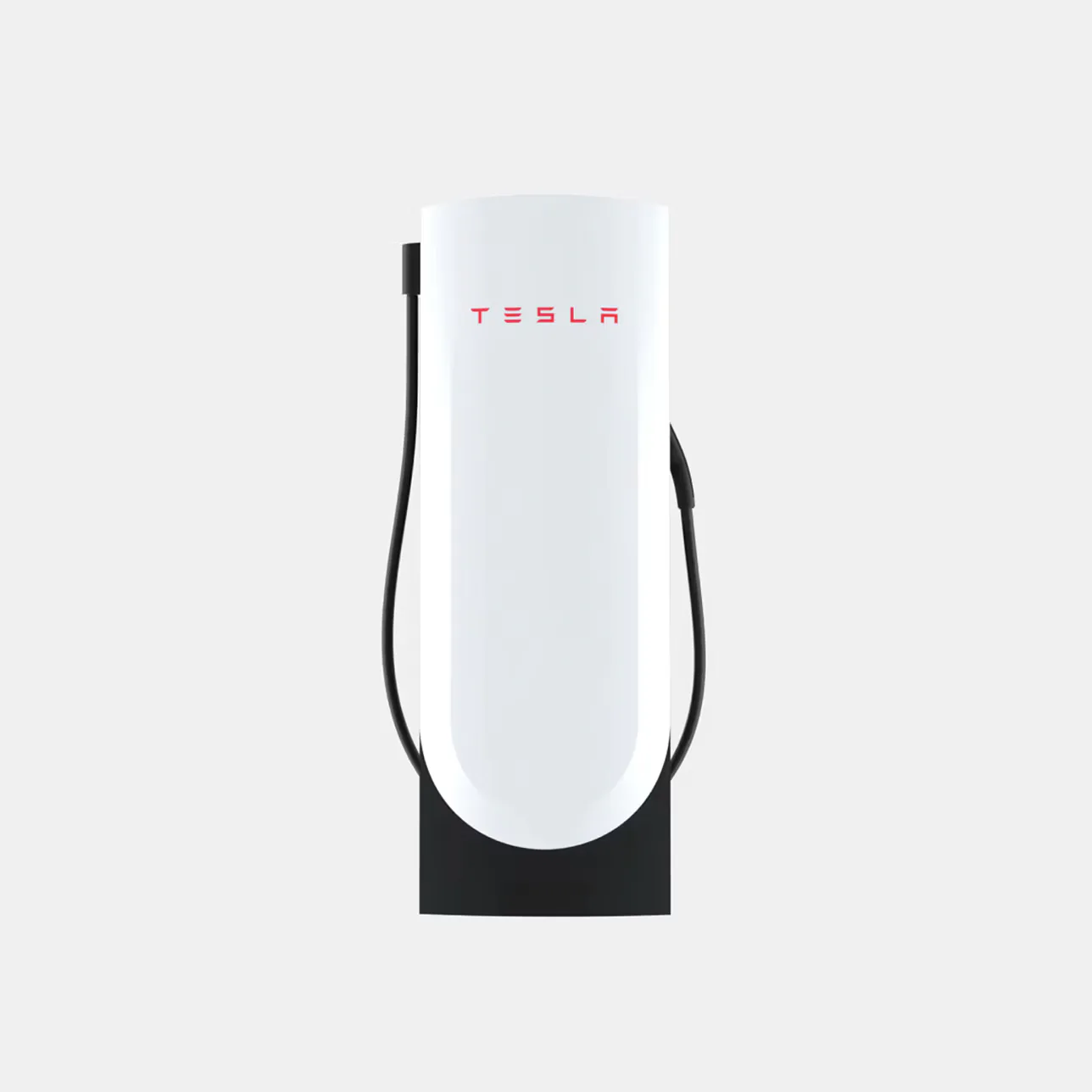 Tesla Supercharger charging connector with white cylindrical body and red Tesla branding, mounted on black base, by Alberto Essesi.