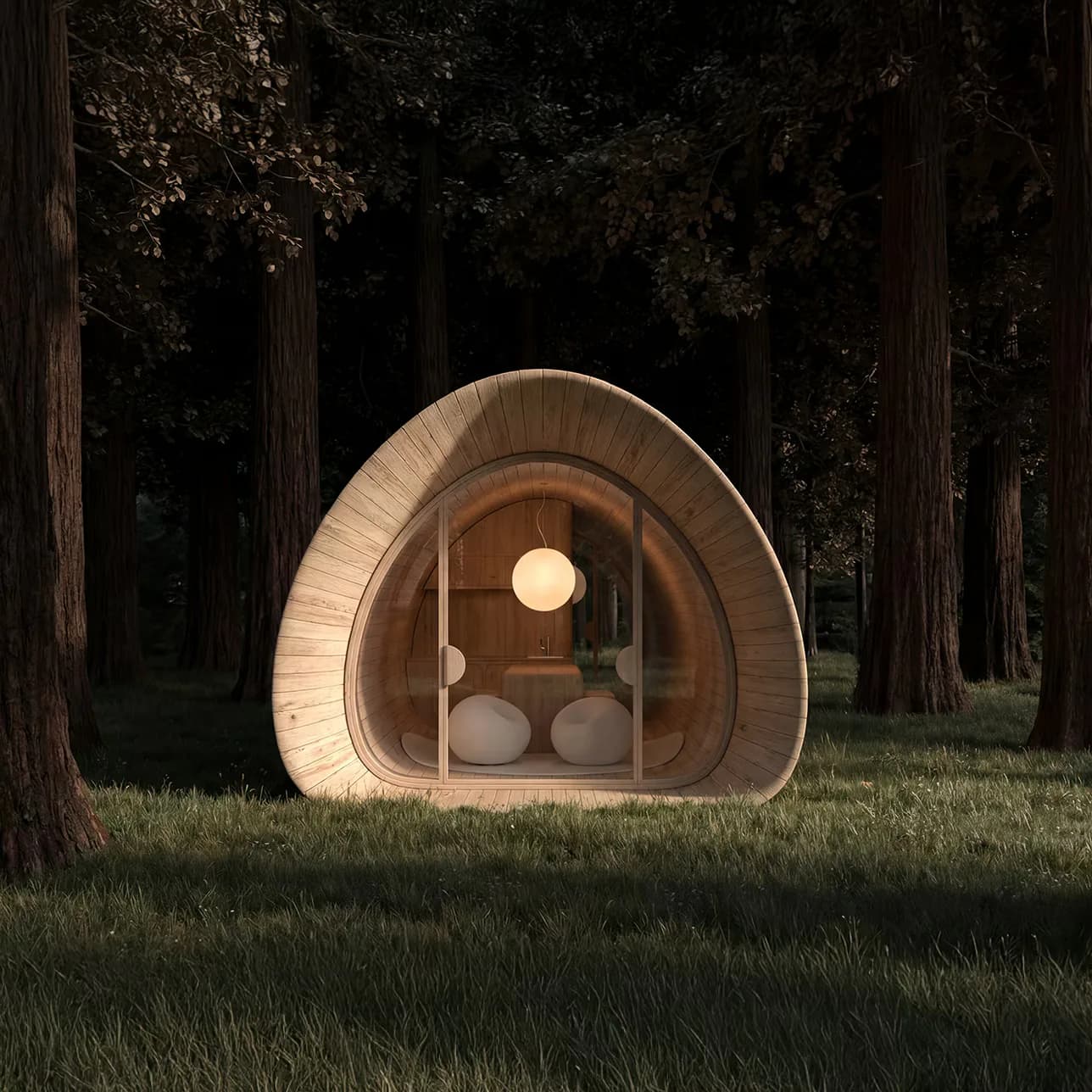 Illuminated wooden pod structure nestled among tall trees at dusk, featuring curved organic form and warm interior lighting by Alberto Essesi.