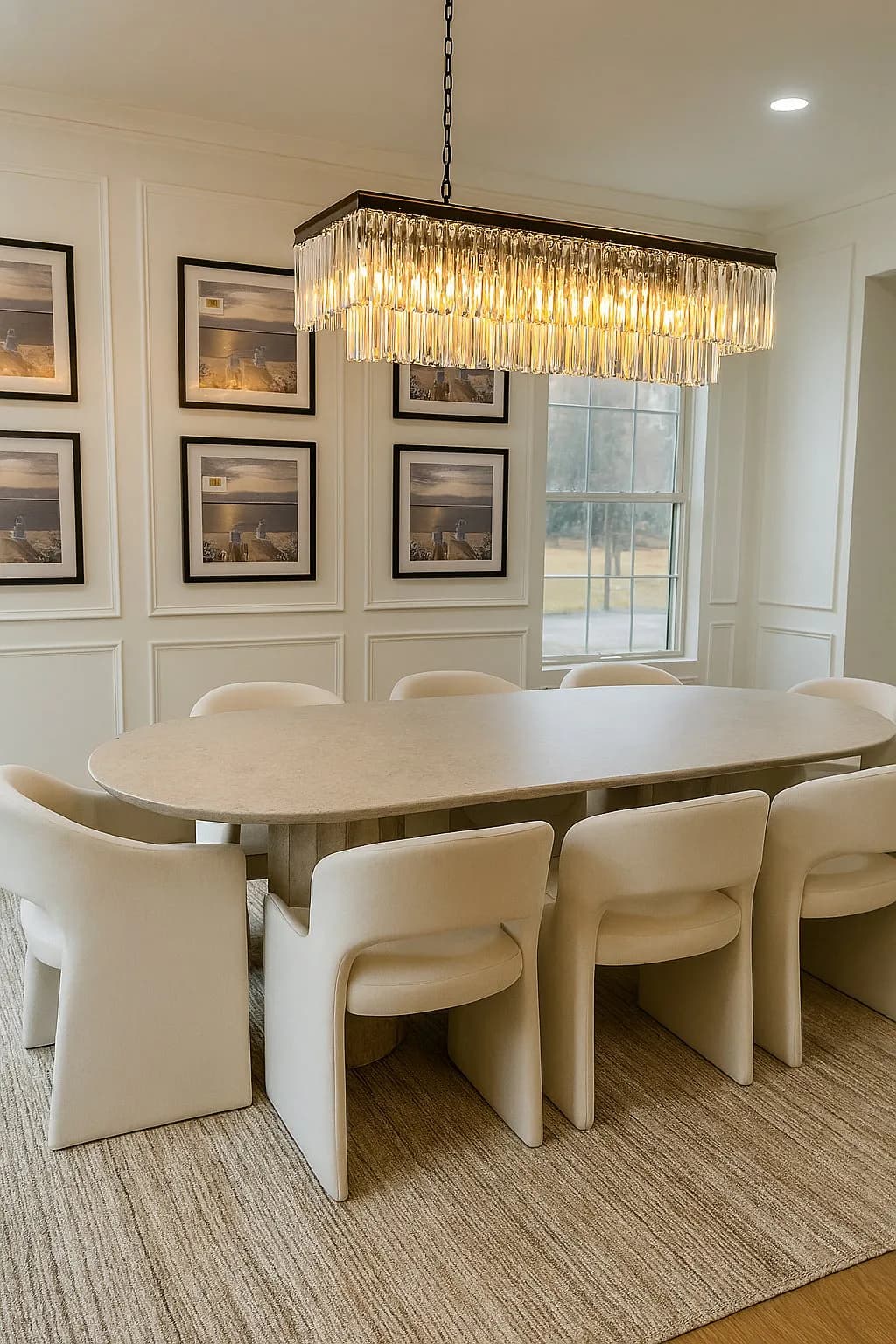 Modern dining room with oval white table, cream curved chairs, and crystal rectangular pendant light by Alex Hurwitz.