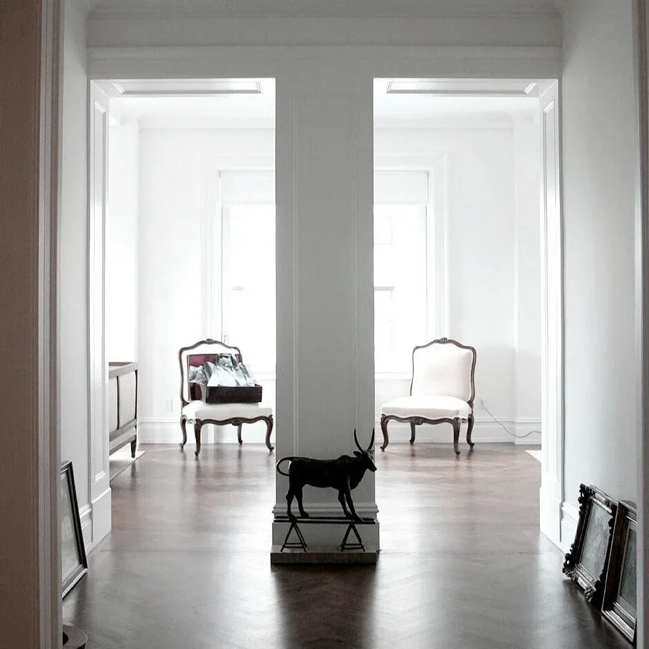 Minimalist interior gallery space with polished concrete floors, white walls, and classical chairs positioned across two connected rooms, featuring a black dog sculpture, designed by Ali C. Höcek.