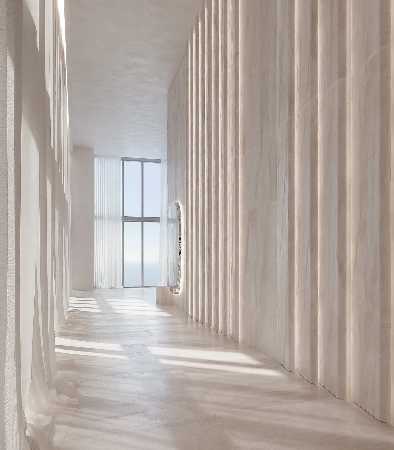 Minimalist corridor with fluted wall panels, soft natural light from large window, and polished light wood flooring by Alina Pimkina.