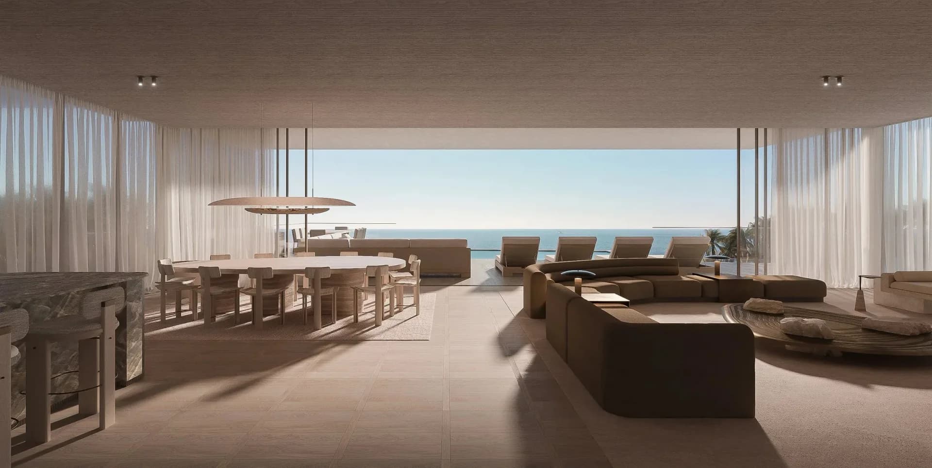 Luxurious modern penthouse living space with floor-to-ceiling ocean views, featuring dark furnishings, minimalist palette, and seamless indoor-outdoor integration by Alina Pimkina.