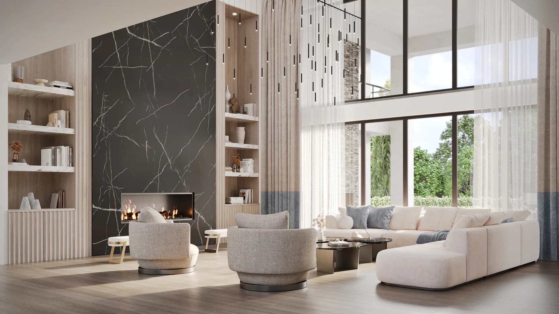 Modern luxury living room with dark marble fireplace, floating shelves, curved cream seating, floor-to-ceiling windows, and high ceilings by Aliza Katz.