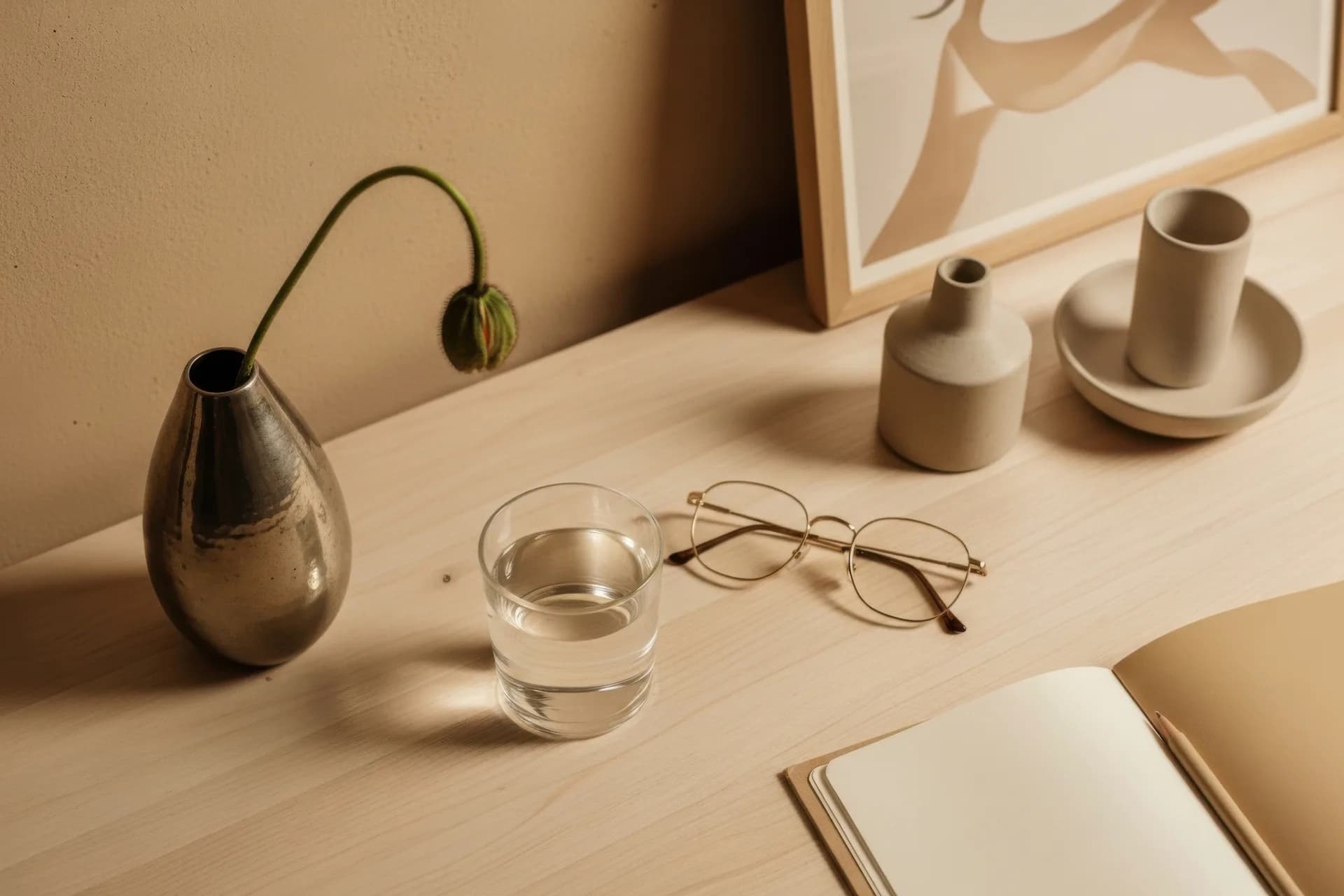 Minimalist styled vignette featuring ceramic vessels, a glass of water, eyeglasses, and a decorative teardrop object on a neutral surface by Allison Alexander.