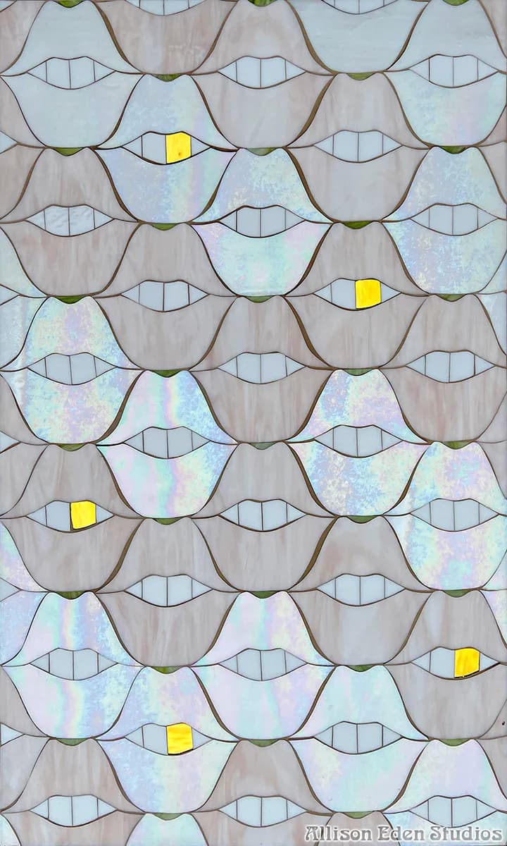 Architectural elevation drawing of iridescent fish-scale tile pattern with yellow accent tiles and linear detailing by Allison Eden.