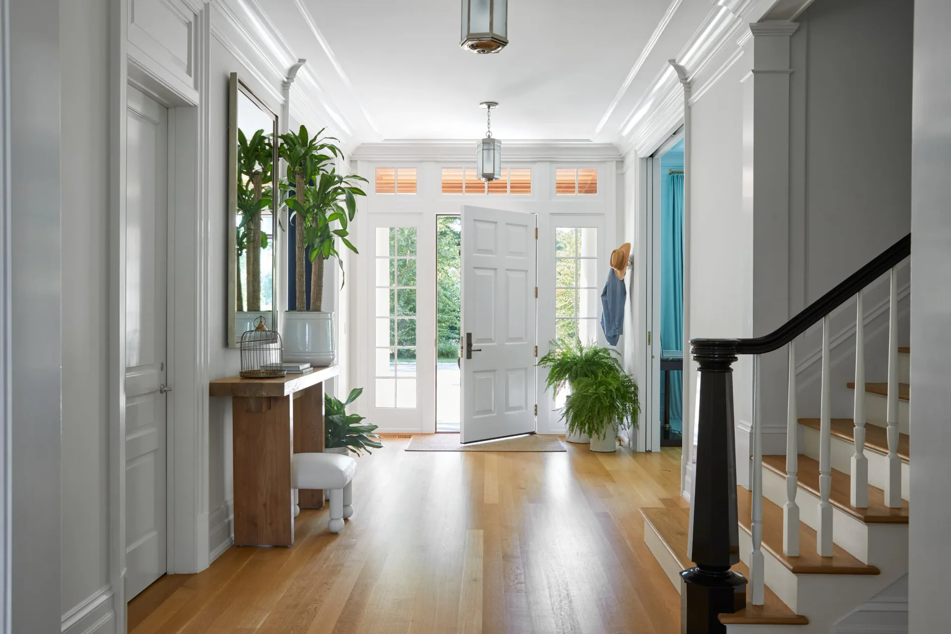 Bright transitional foyer with white trim, wooden flooring, black staircase, potted plants, and glass doors opening to outdoor spaces by Amanda Corey.