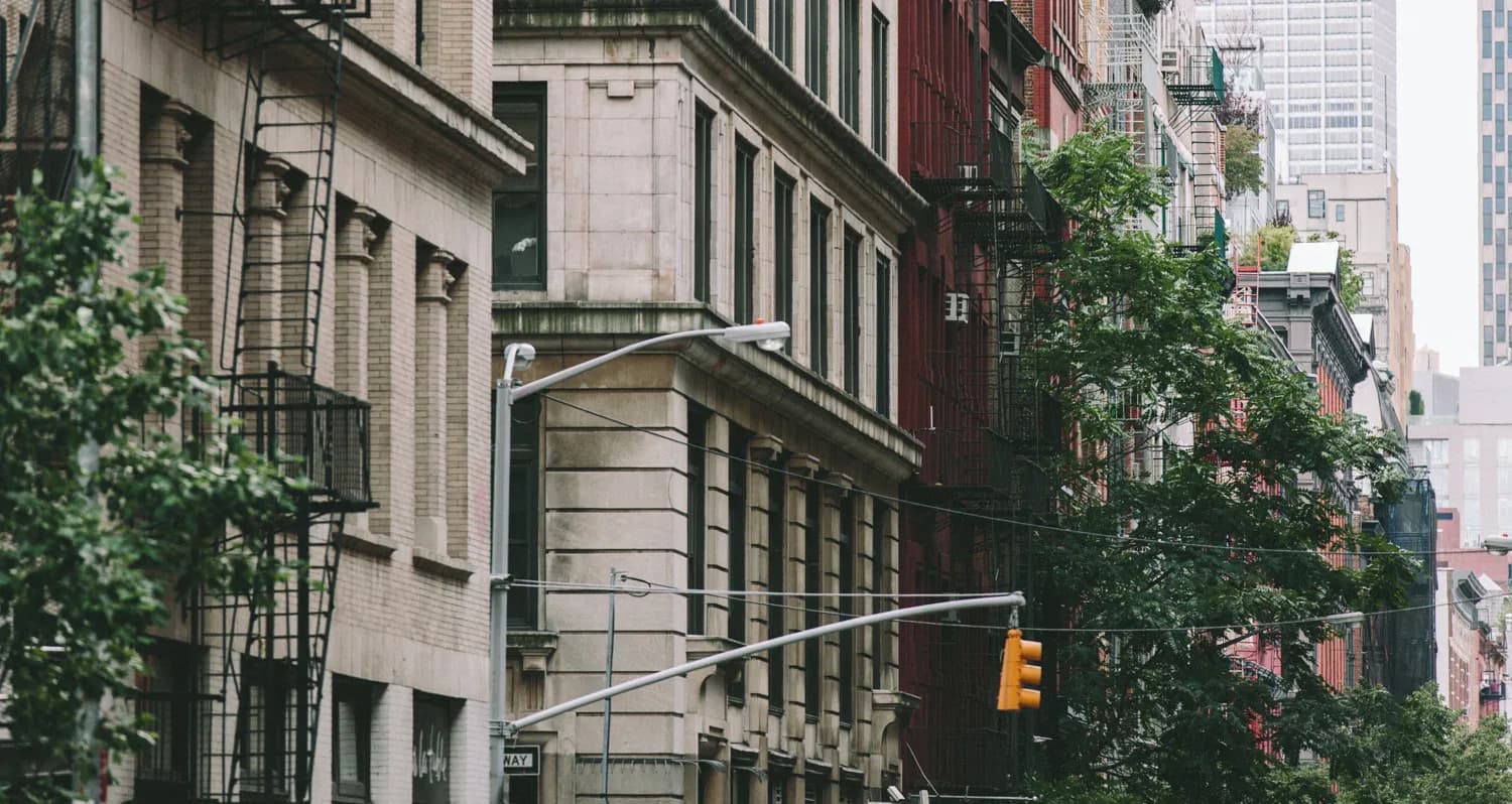 Tree-lined Manhattan streetscape with historic brownstones and modern buildings, featuring green ivy, architectural details, and an urban intersection by Amber Troyer.