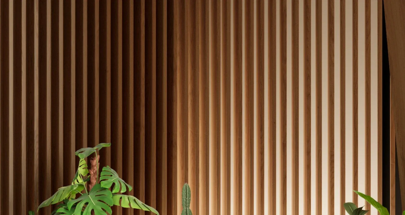 Warm wood-slat wall paneling with vertical ribbed texture creates a minimalist interior backdrop, accented with potted green plants by Amy Gavin.