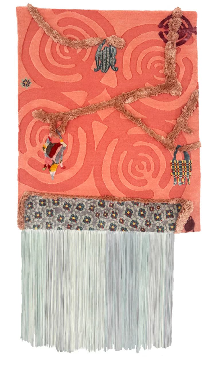 Textile art wall hanging with coral spiral-patterned fabric, rope detailing, beaded embellishments, and long fringe by Amy Helfand.