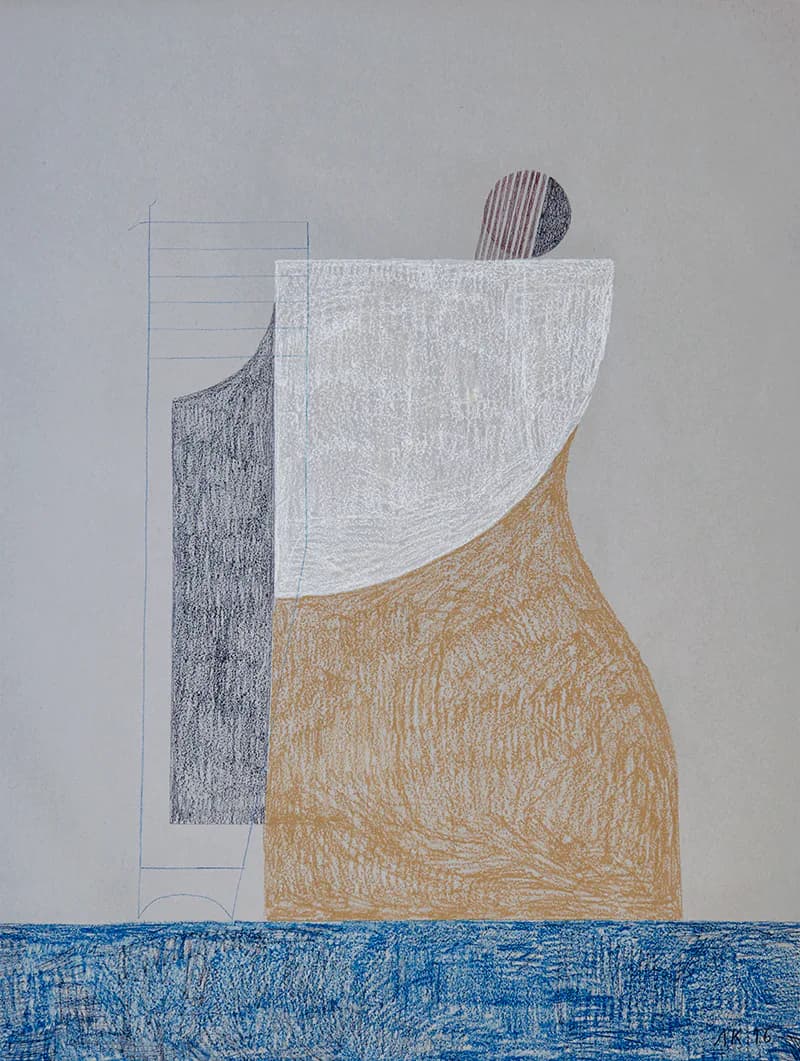 Abstract architectural drawing with layered geometric shapes in gray, white, tan, and blue hues, composed of crosshatched line work by Ana Kraš.