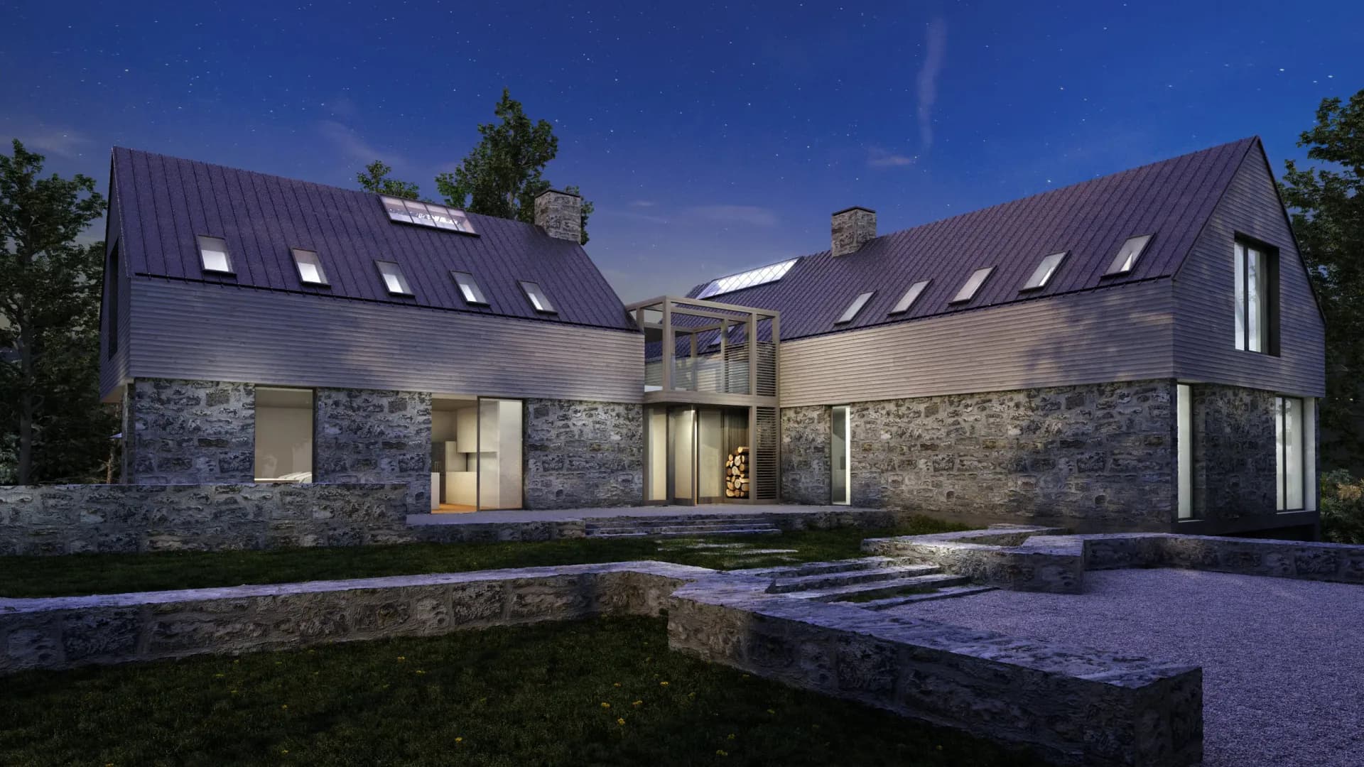 Modern stone and timber residential home with illuminated interior, featuring pitched metal roofs and expansive glazing, by Anam Ahmed.