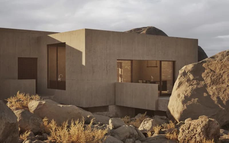 Modernist concrete dwelling nestled among boulders in a desert landscape with warm golden light filtering through windows, by Andre Herrero.