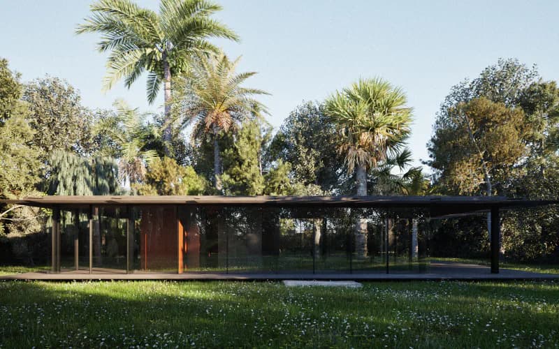 Modernist pavilion with dark timber frame and orange accent wall surrounded by palm trees and green lawn, by Andre Herrero.