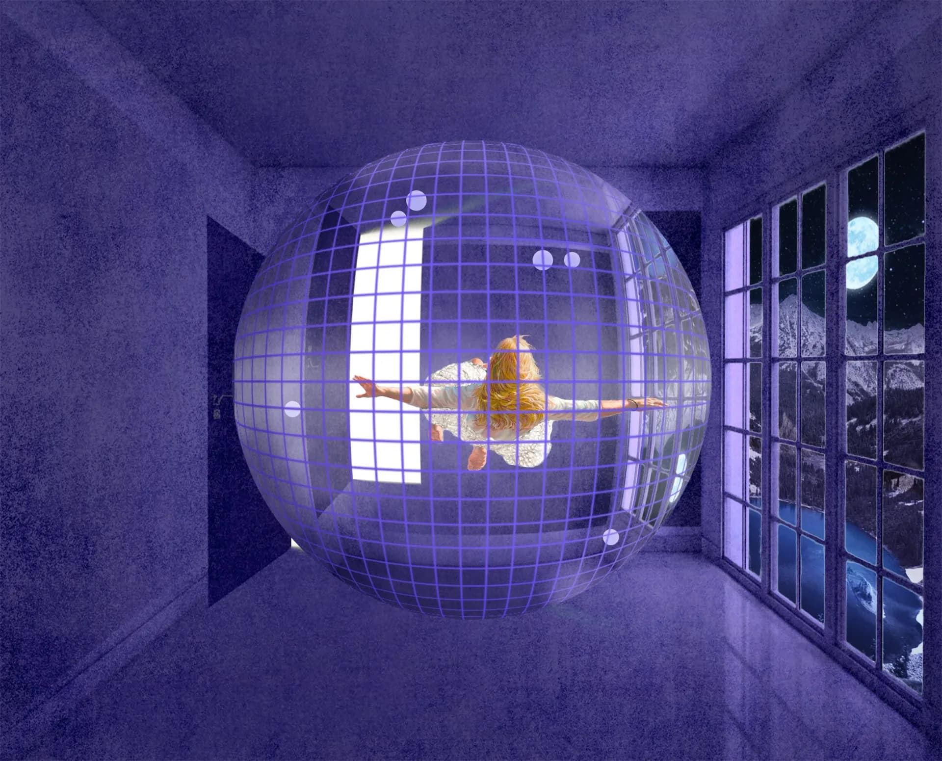 Purple-toned interior room with a large spherical grid structure containing a yellow airplane figure suspended in center, flanked by gridded windows, by Andrew Bernheimer.