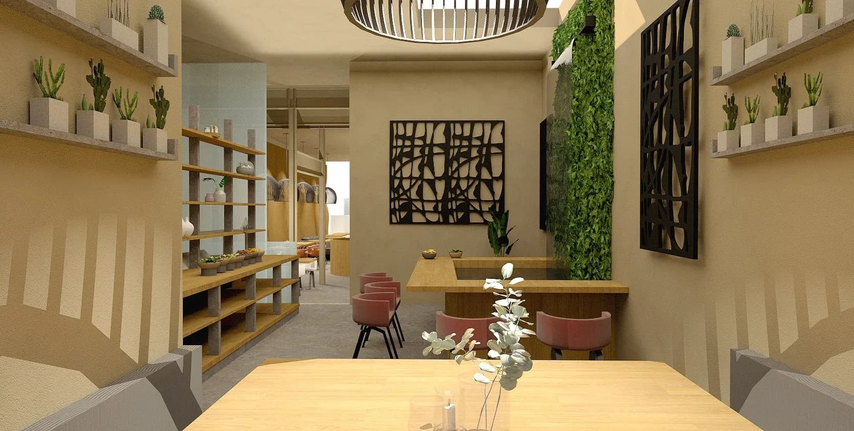 Modern dining space with warm neutral palette, wooden shelving, green plant walls, and decorative black geometric panels by Andrew L. Pettit.