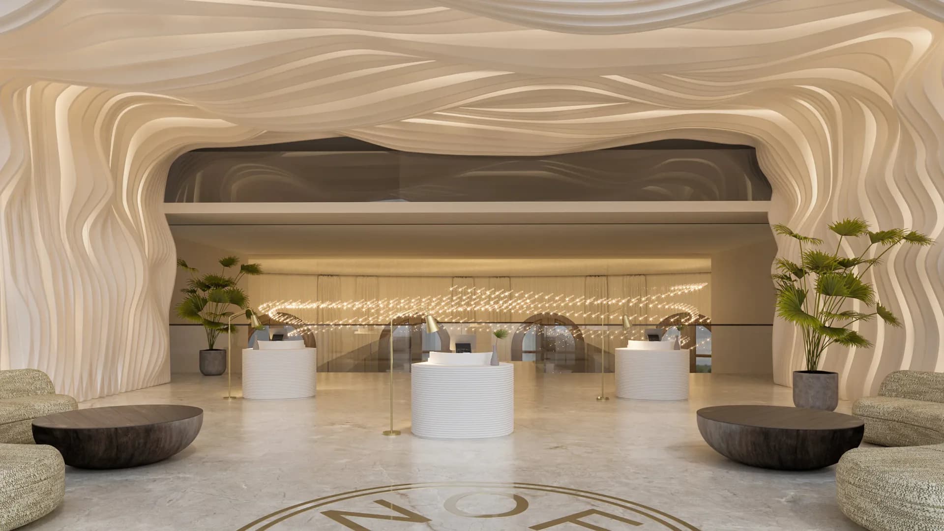 Modern luxury lobby with undulating cream-colored wall panels, white cylindrical reception desk, dark sculptural planters, and warm ambient lighting by Angela Lee.
