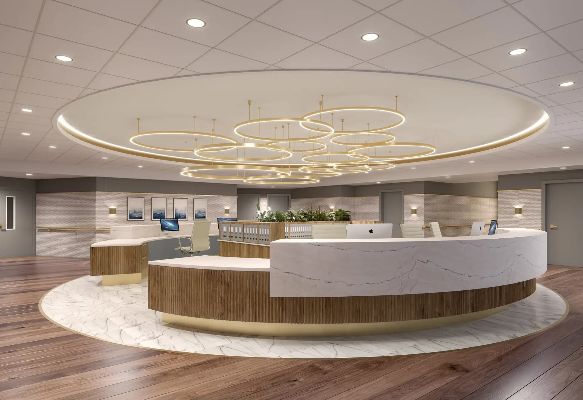 Modern reception area with curved wood-paneled desk, circular ceiling with concentric gold rings, marble flooring, and warm lighting by Angela Lee.