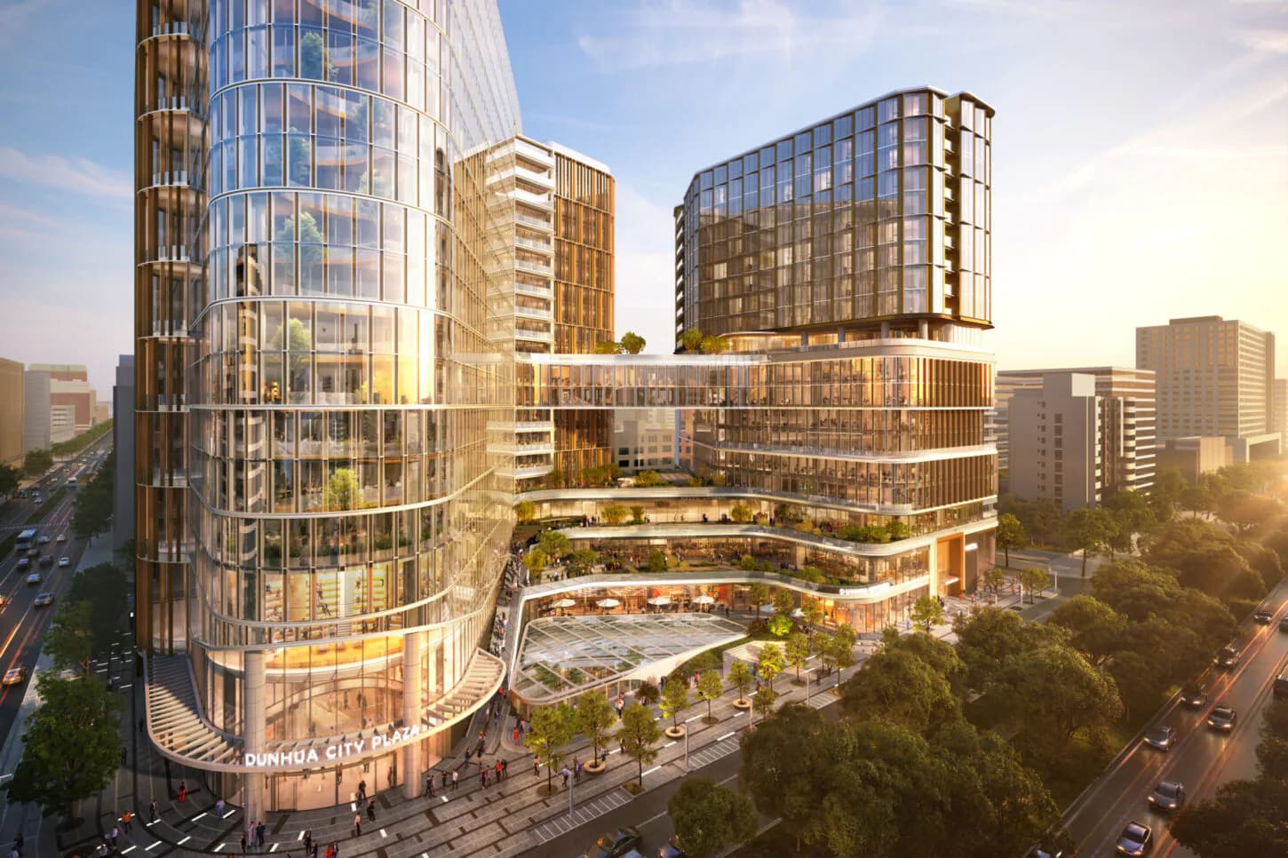 Mixed-use urban development with curved glass tower, mid-rise residential buildings, and landscaped plaza at golden hour by Angela Liu.