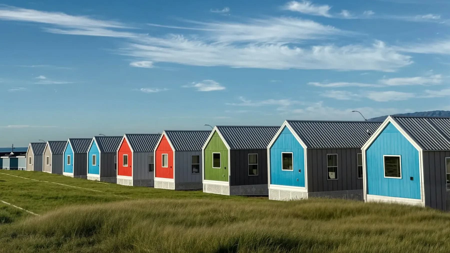 Row of colorful beach huts with blue, green, orange, and red doors set in grassy dunes under a bright sky by Ann Skinner.