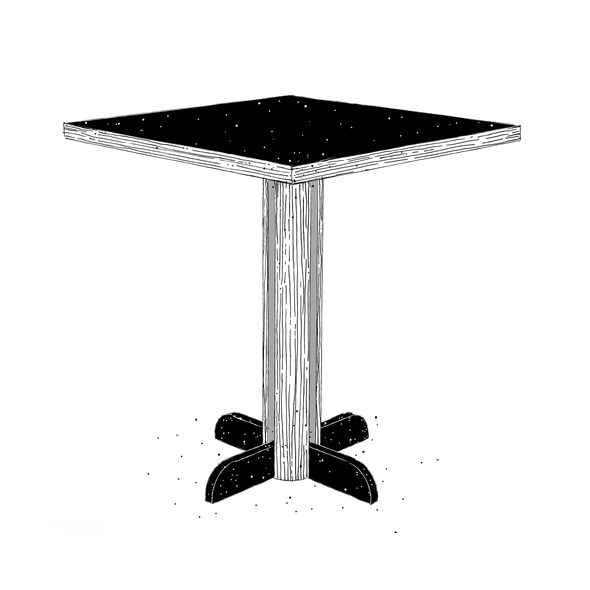 Pen-and-ink line drawing of a modern pedestal table with a square black top and tapered column base with decorative crossed feet, by Anthony Guerrée.