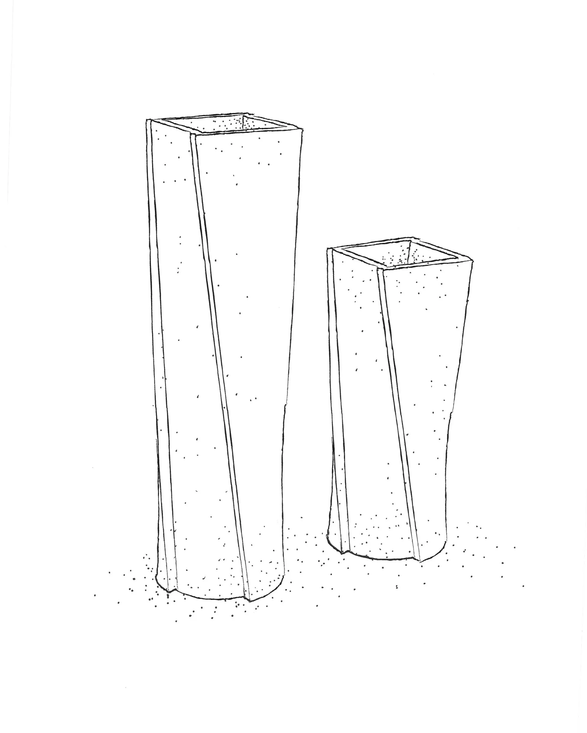 Two tall concrete planters with tapered sides and open tops, sketched in line drawing style with dotted shading and scattered ground texture by Anthony Guerrée.