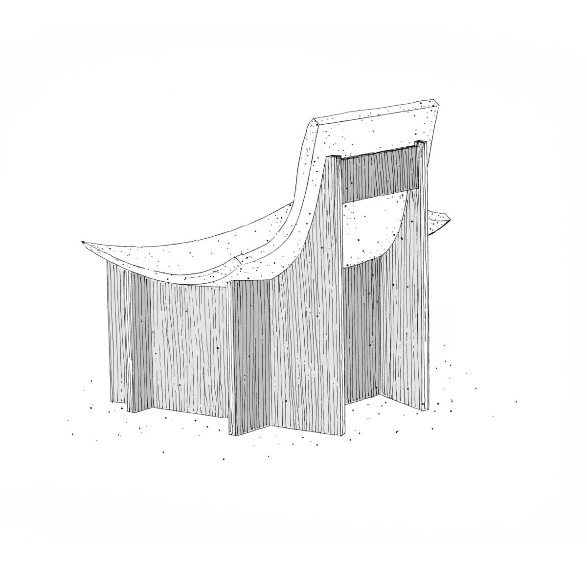 Architectural sketch of a sculptural wooden chair with curved seat and vertical slat construction by Anthony Guerrée.