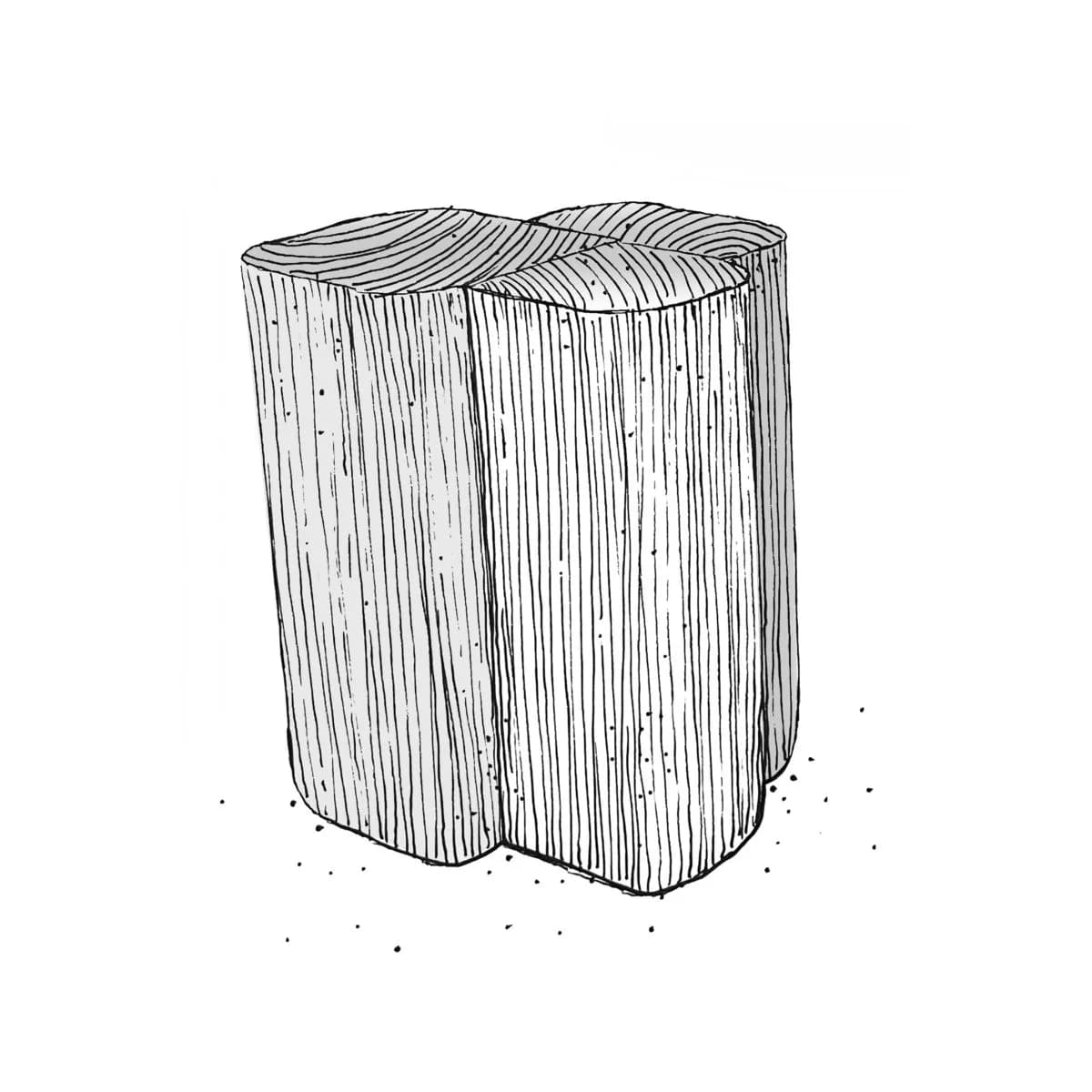 Line drawing of a cylindrical wooden post or log with visible growth rings at the top and vertical grain texture, rendered in pen sketch style by Anthony Guerrée.