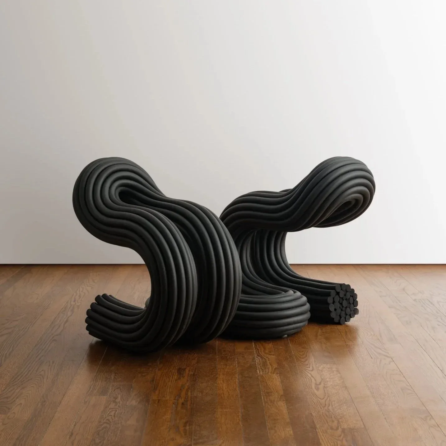 Abstract black sculptural installation with organic, flowing forms on wooden floor against white wall by Ara Thorose.
