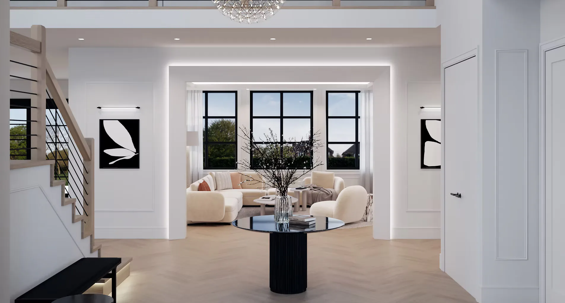 Modern living room with cream seating, black cylindrical table, large windows, and contemporary staircase in neutral palette by Ashley Liu.