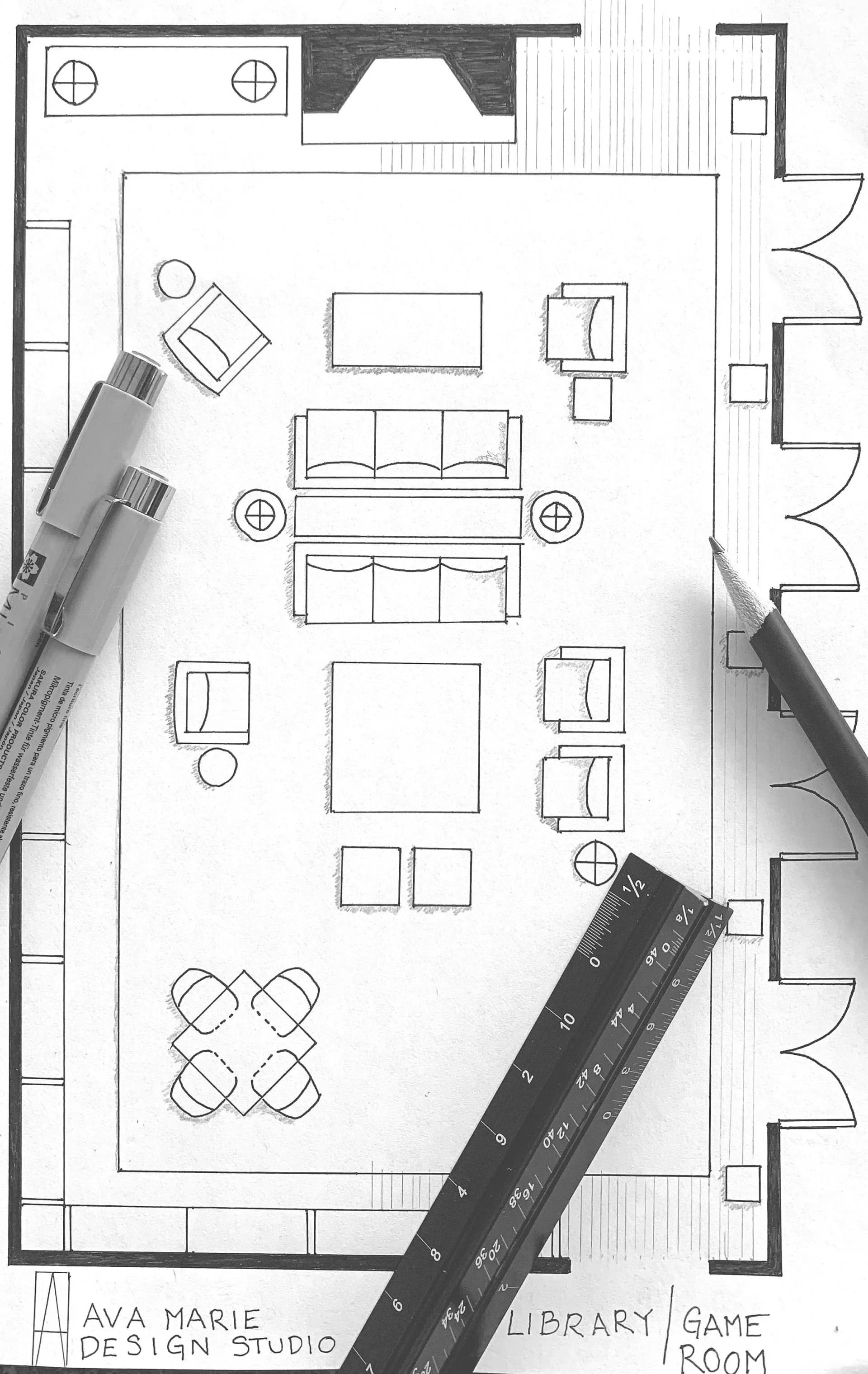 Interior floor plan for a library and game room by Ava Lunder, showing furniture layout with seating areas, bookshelves, and gaming spaces across an open floor plan.