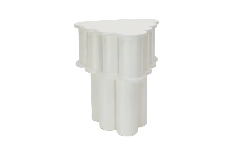 White cylindrical plastic fixture or component with ribbed detailing and modular construction by Bari Ziperstein.