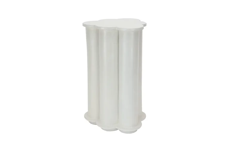 White cylindrical pedestal with fluted detailing and curved base, a minimalist sculptural furniture piece by Bari Ziperstein.