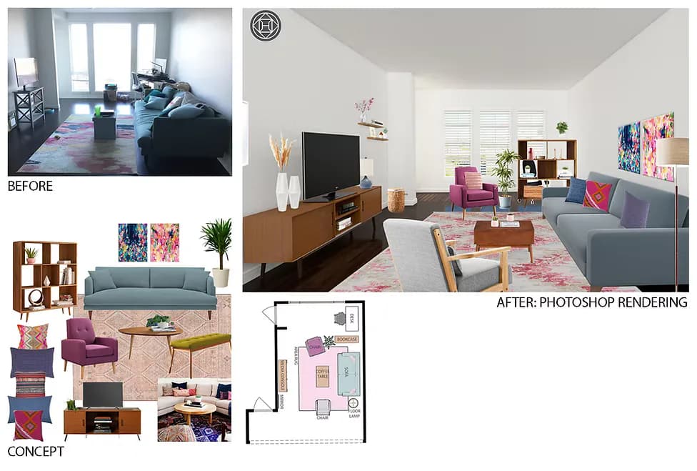 Living room interior with gray sofa, wooden TV console, colorful accent pillows, and patterned rug in soft palette by Behin Forghanifar.