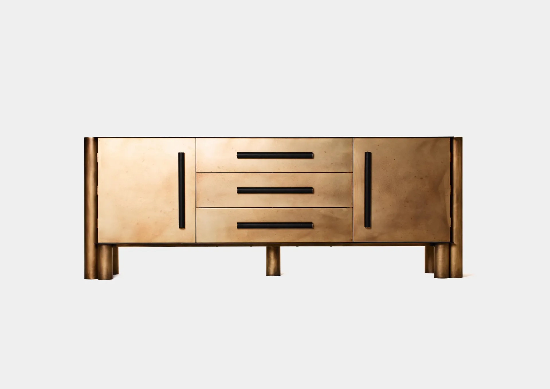 Mid-century modern wooden sideboard with three central drawers and flanking cabinet doors, featuring tapered legs and brass hardware by Ben Barber.