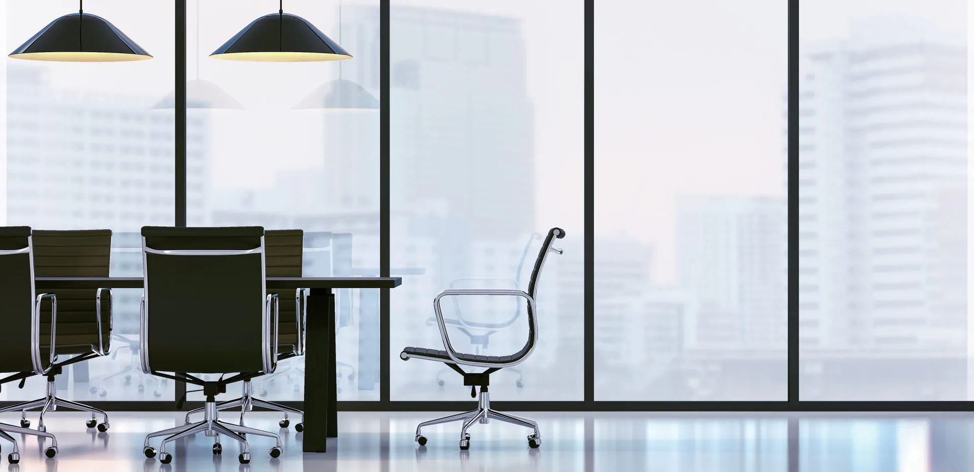 Modern high-rise office interior with floor-to-ceiling windows, black pendant lights, dark chairs, and a glass accent piece against a cityscape backdrop by Betty Fredericks.