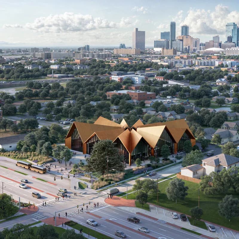 Golden-brown angular church building with modern geometric forms overlooking a city skyline and river, surrounded by green landscape by Bjarke Ingels.