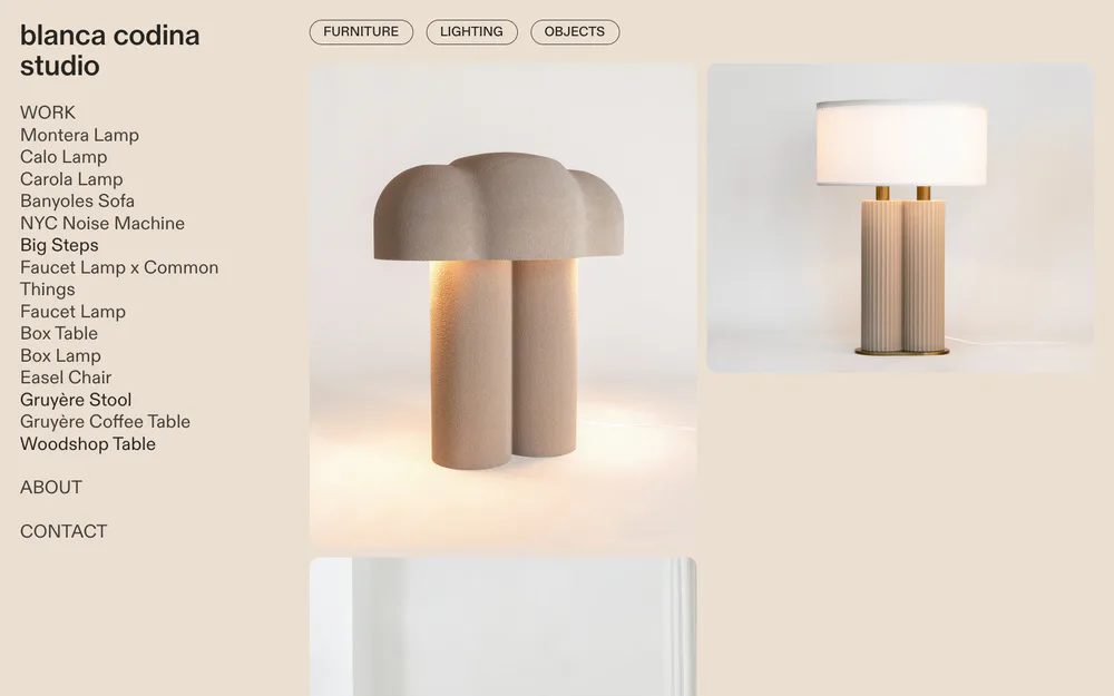 Soft-toned product renderings of sculptural table lamps with organic forms and warm wood accents by Blanca Codina.