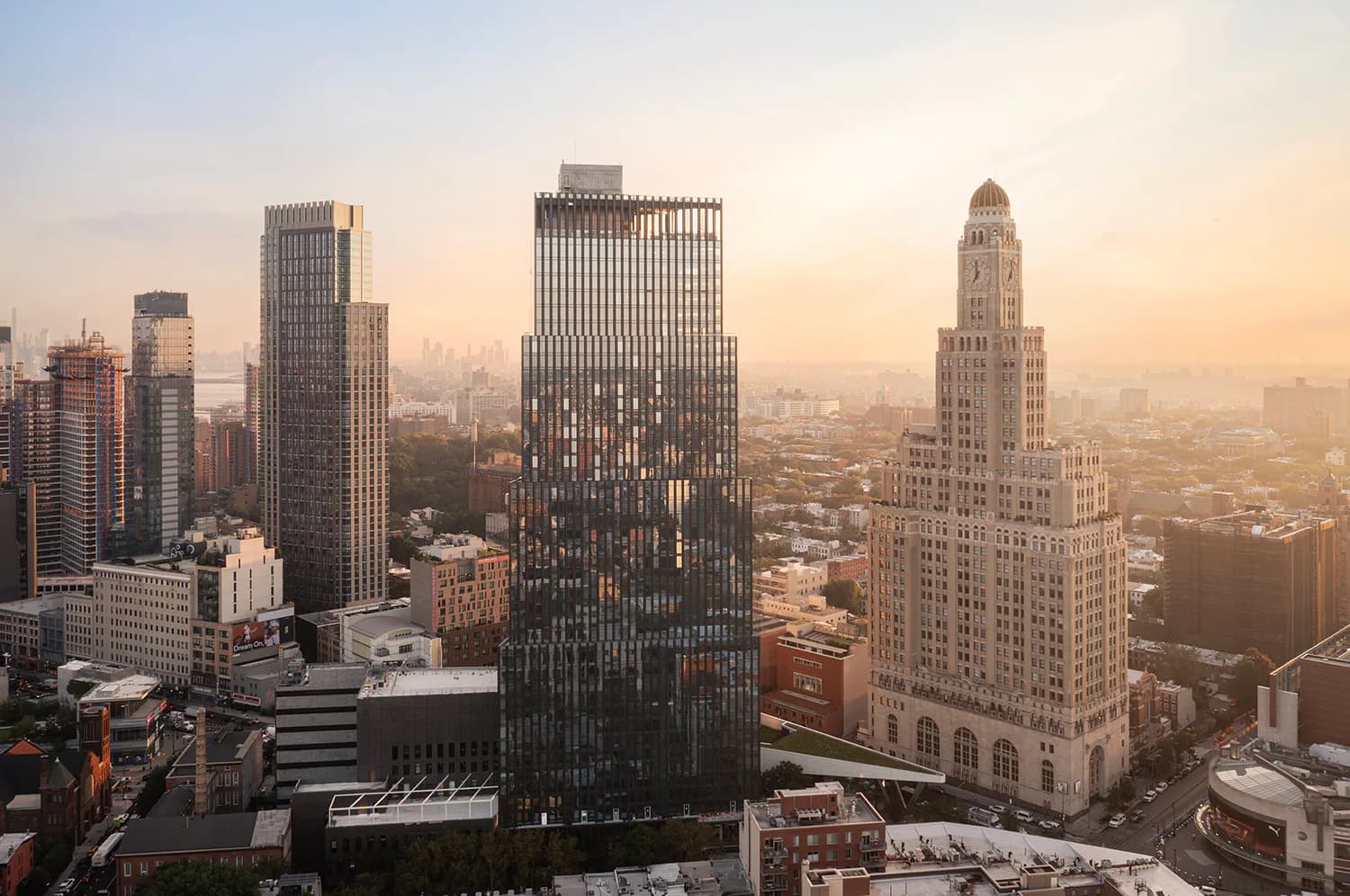 Aerial cityscape of Chicago's downtown skyline at dusk, featuring iconic skyscrapers including a dark vertical-striped tower and ornate historic building, by Brandon Lim.