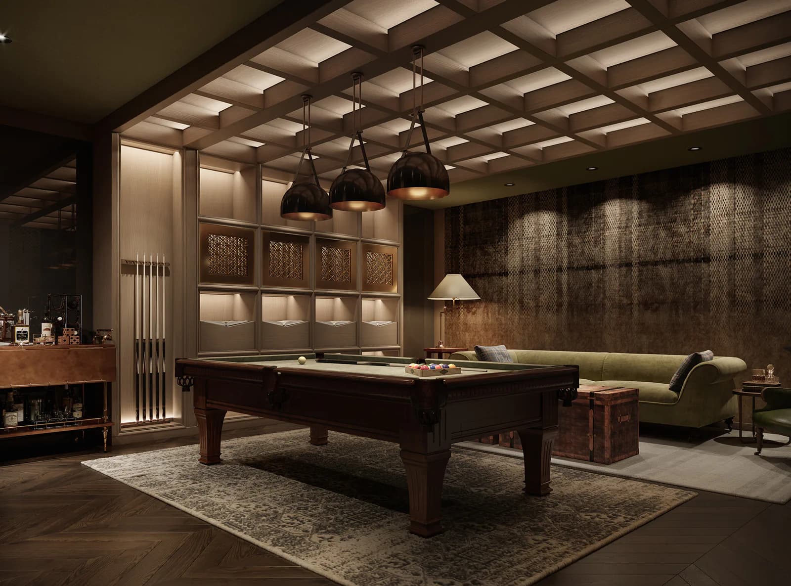 Luxury billiards room with dark wood pool table, coffered ceiling with pendant lights, built-in shelving, and leather seating by Brian Orter.
