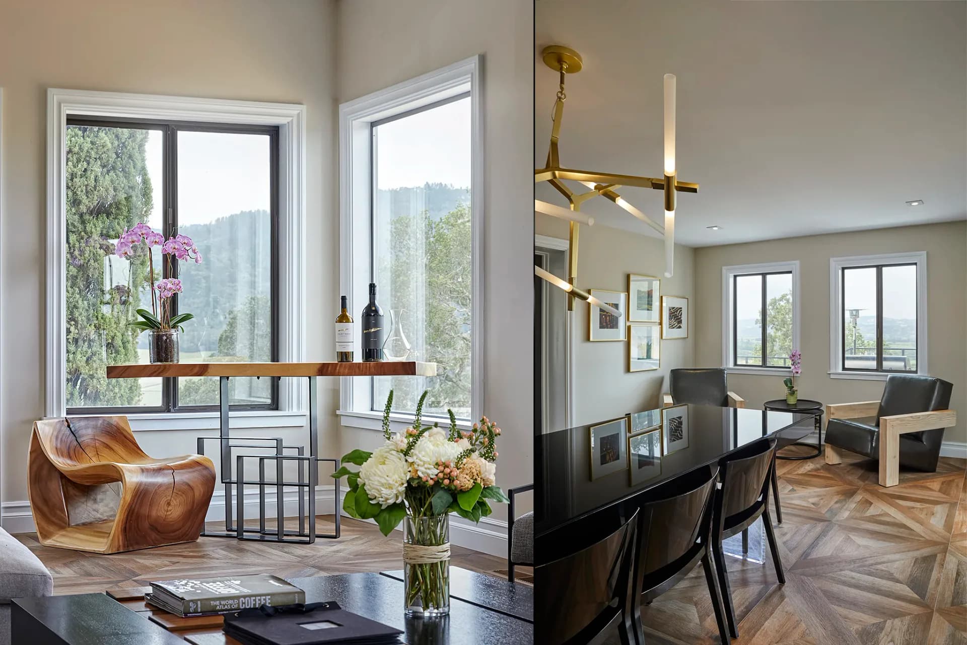Modern living and dining spaces with large windows overlooking mountains, featuring warm wood accents, contemporary furnishings, and curated artwork by Briana Kimball.