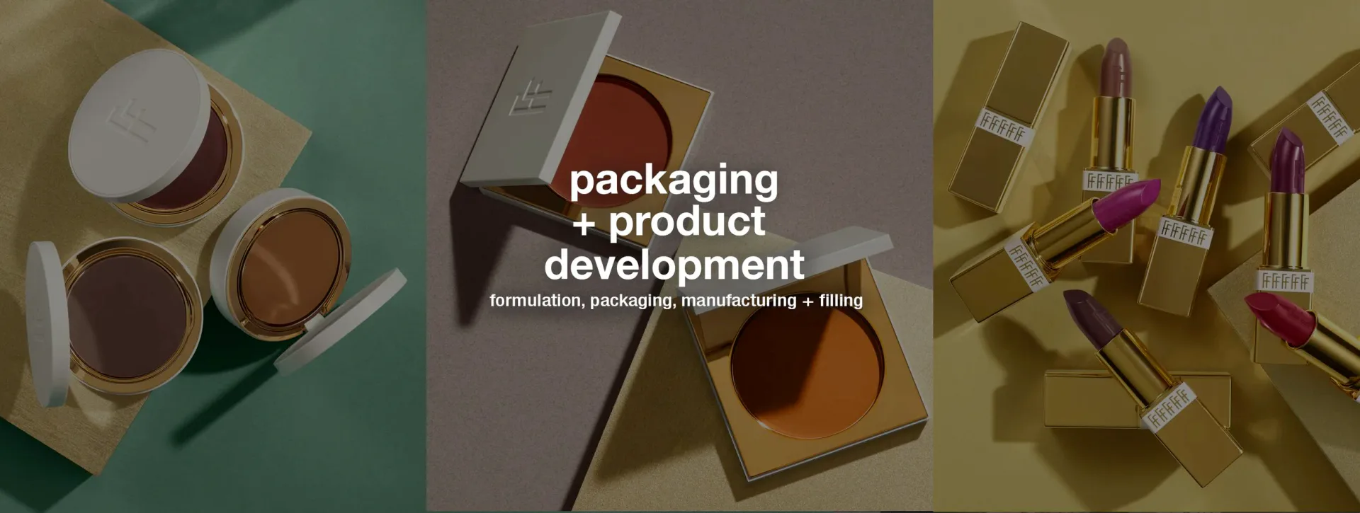 Packaging and product development display featuring cosmetic containers, lipsticks, and branded boxes in warm earth tones and jewel colors by Bruce Teitelbaum.