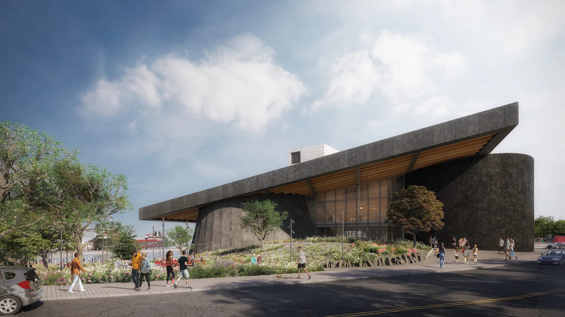 Modern architectural rendering of a dark-clad cultural building with dramatic overhanging roof and landscaped grounds by Bryan Dorsey.